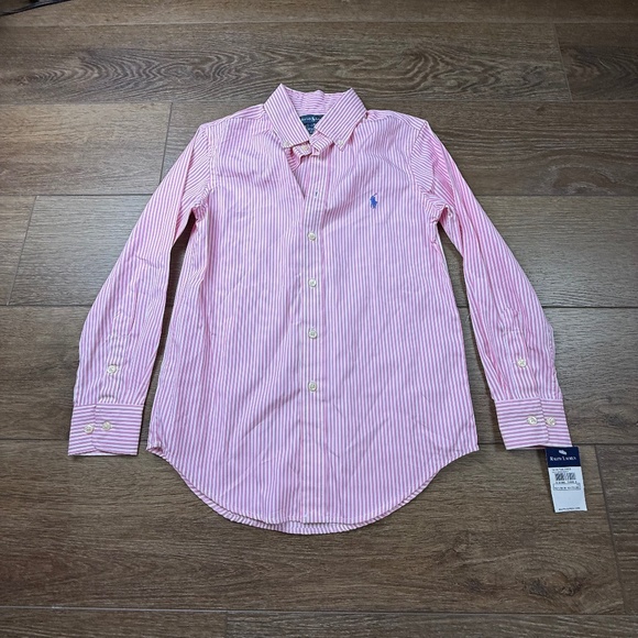 Ralph Lauren Boys Tailored Button Down Shirt, Pink/White Pinstripe Sz 10 NWT - Picture 1 of 11